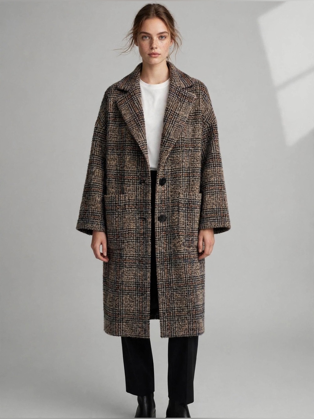 Zara Plaid Wool-Blend Pea Coat in Black and Brown